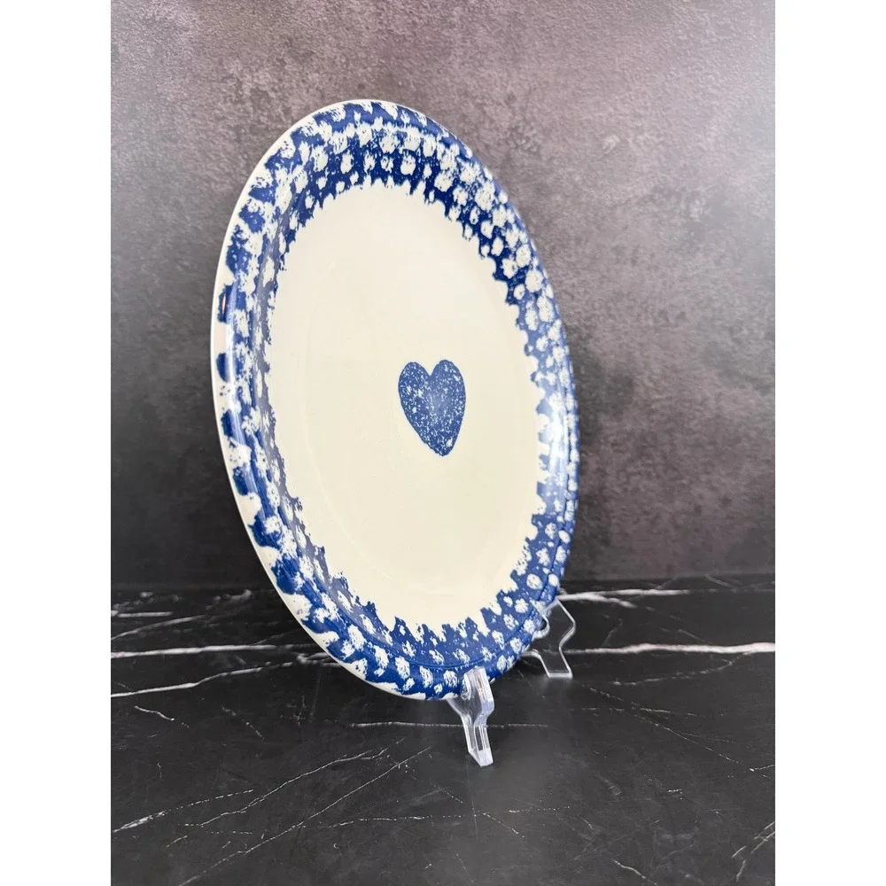 VTG Tienshen Folk Craft Hearts Blue White Spongeware 10 3/8in Dinner Plate READ